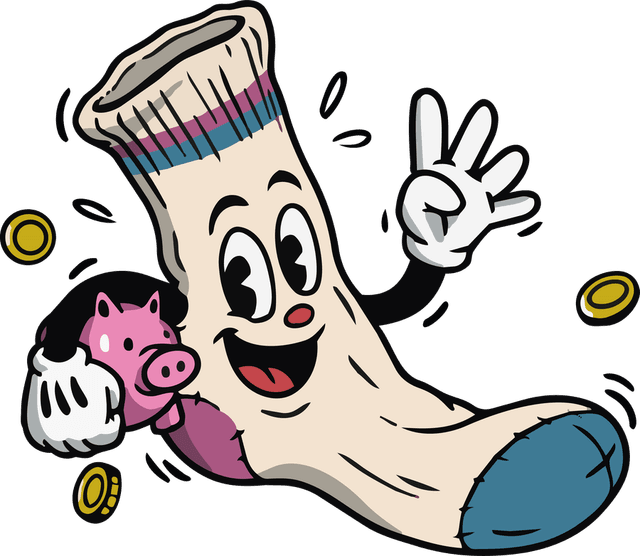 Ilustração retrô de um pé-de-meia sorridente segurando um cofrinho de porquinho, com moedas ao redor